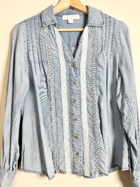 Bunulu Blue Tencel Denim Pintuck Lace Button Down Western Shirt Sz Small